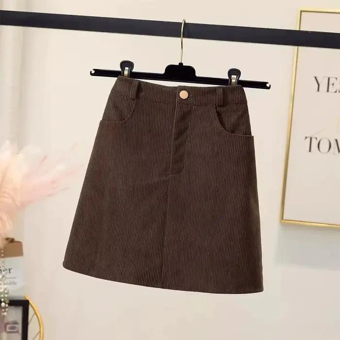 Mini jupe trapèze en velours côtelé noir, grande taille pour femmes, automne hiver, amincissante, po