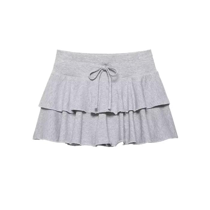 Jupe courte à volants superposés pour femme HH, jupe fluide grise à taille haute avec cordon de serr