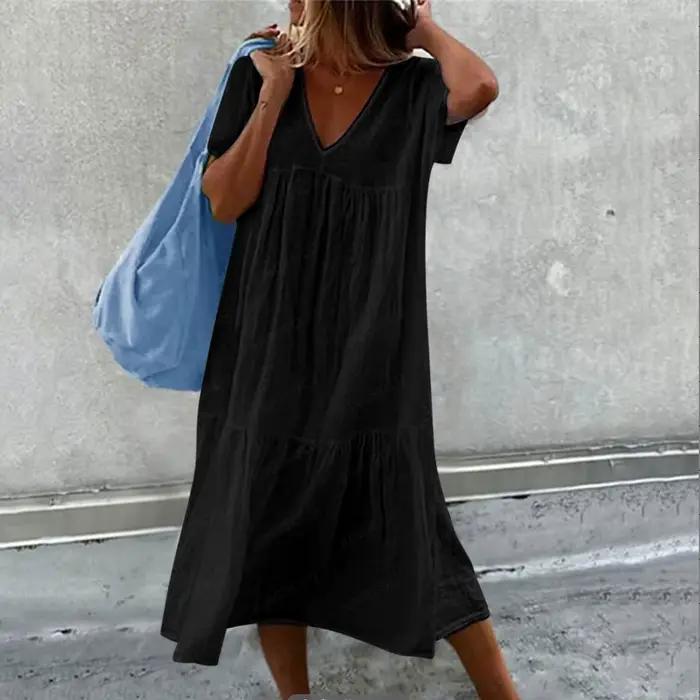 Jupe longue en coton et lin pour femmes, manches courtes, col rond, ample, couleur unie, mode Simple