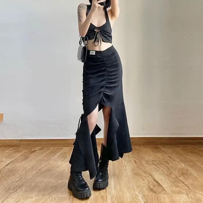 Jupe noire fendue irrégulière pour femmes, avec une fille chaude, taille haute, tiroir, moulante aux