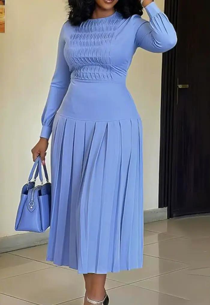 Robe mi-longue bleu clair pour femmes, manches longues bouffantes, corsage froncé, jupe plissée, ten