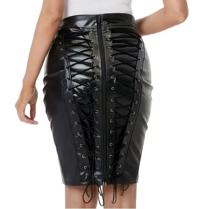 Jupe en cuir pour femme à lacets dans le dos deux façons fermeture éclair brillante jupe sexy décont