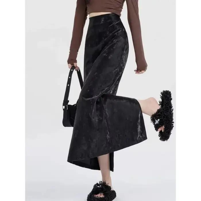 Jupe fendue Texture cuir PU de haute qualité pour femmes, automne hiver, taille haute, amincissante,