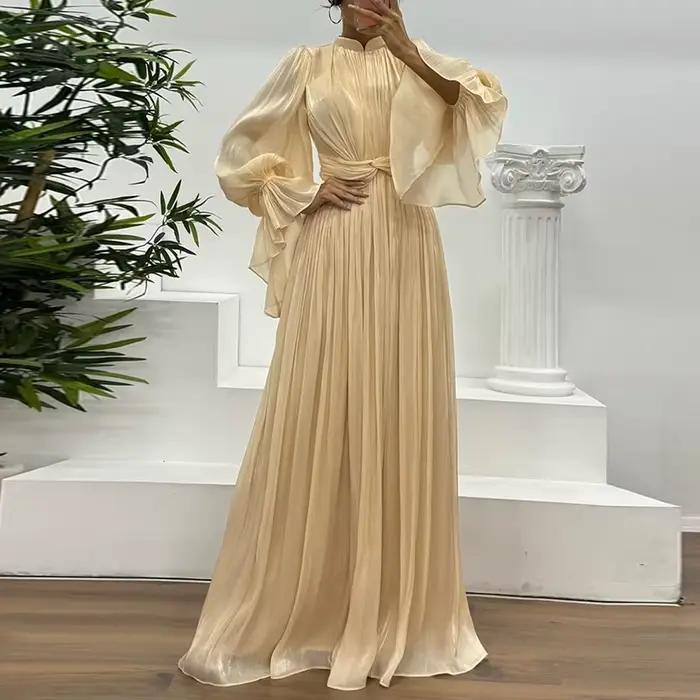 Robe de soirée en soie pour femmes, décontractée, manches évasées, mode, taille unie, tempérament él