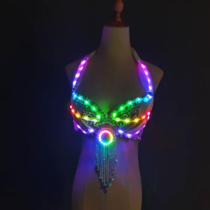 Jupe fendue de danse du ventre pour femmes, lumières de couleur LED, vêtements d'entraînement profes