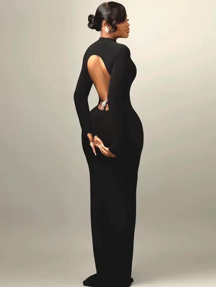 Robe moulante noire sexy pour femme, robe dos nu, robe de soirée sirène à manches longues printemps-