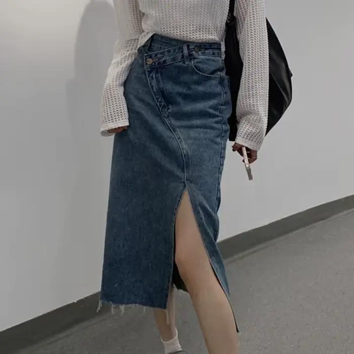 Jupe en jean taille haute fendue sur le devant pour femmes, jupes longues en jean midi, jupes en jea