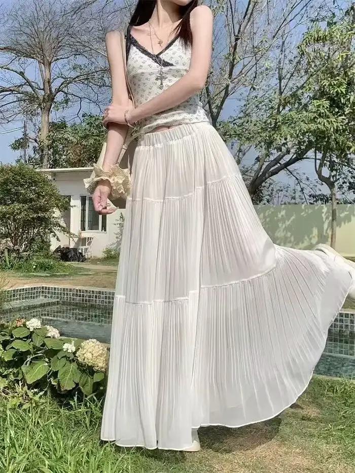 Nouvelle jupe plissée trapèze longue taille haute en gaze fine pour femme, collection Printemps-Été 