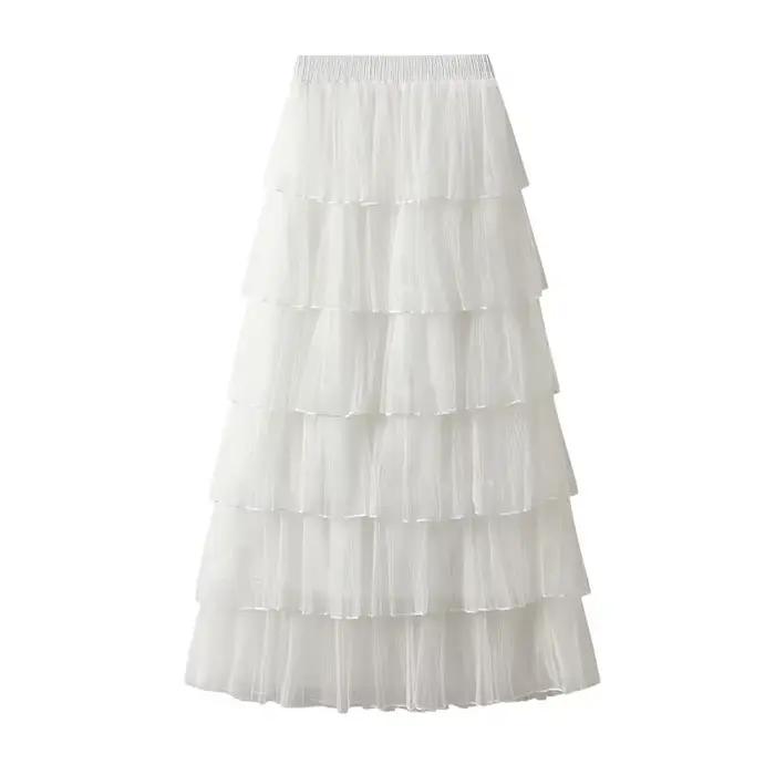 Jupe mi-longue en maille coréenne pour femme, jupe gâteau super féerique, couche par couche, longue 