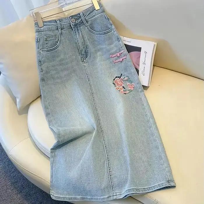 Jupe en jean mi-longue taille haute pour femme, Maxi Chubby, Bleu, Vintage, Modeste, Pas cher, Décon