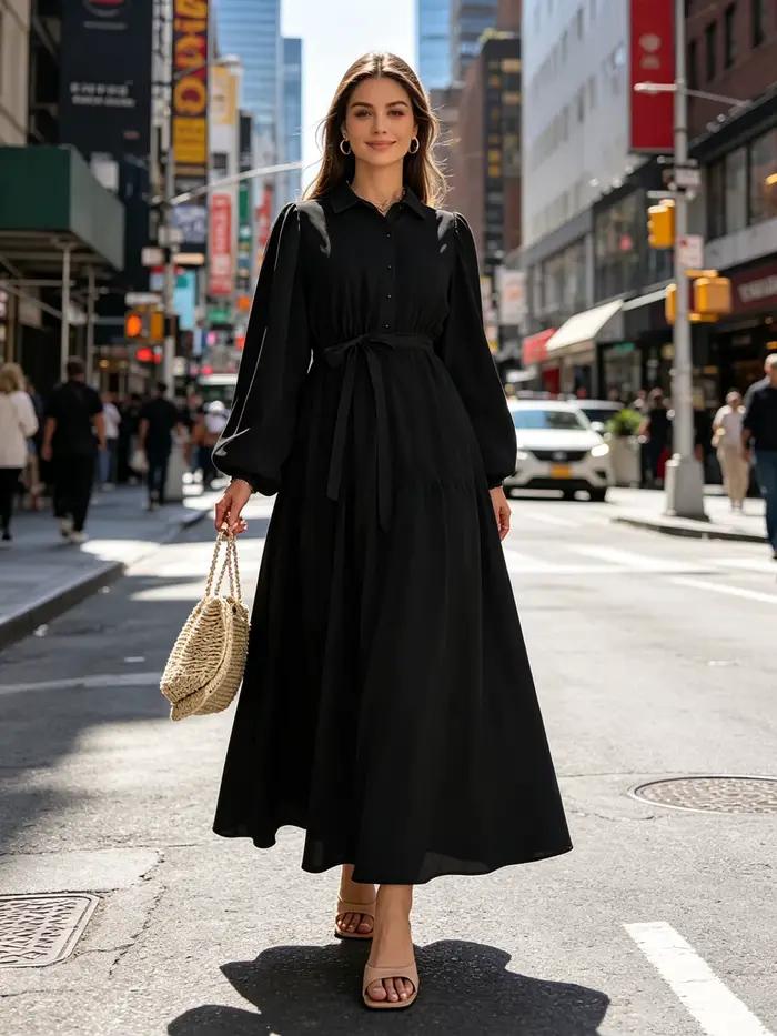 Jupe longue pour femmes, décontractée, élégante, avec détails boutonnés, couleur unie, à lacets, cou