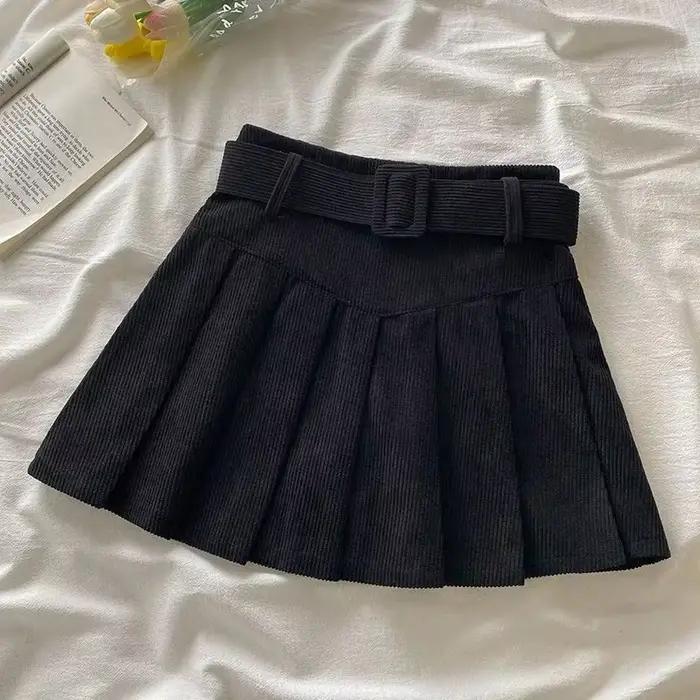 Jupe plissée avec ceinture en cordon, Texture boîte en velours côtelé, Mini jupe plissée avec ceintu