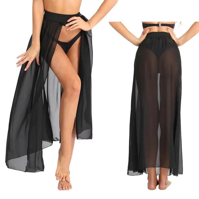 Femmes sexy pure voir à travers les jupes maxi en mousseline de soie haute fente fluide jupe longue 