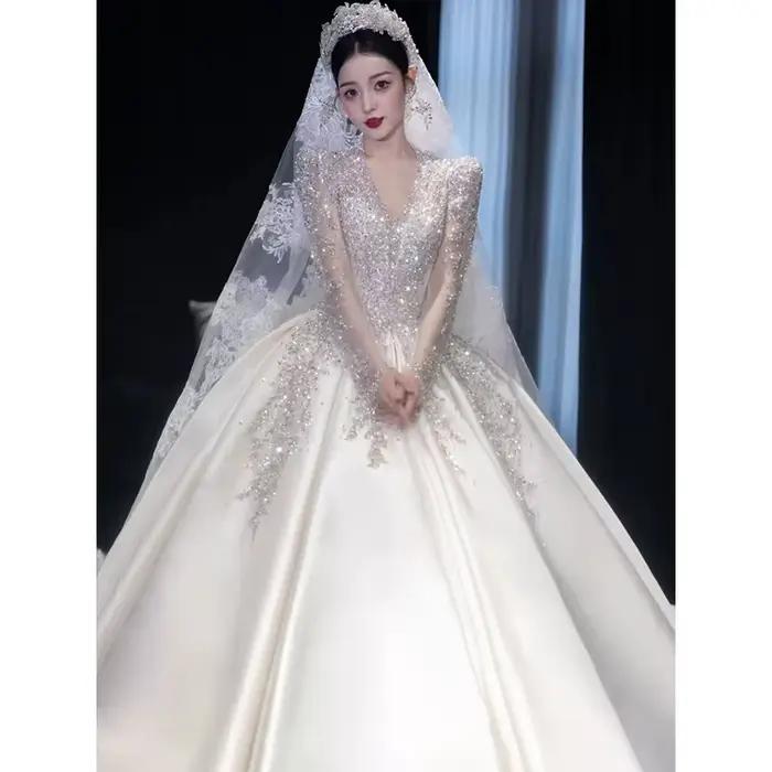 Robe de Mariée en Satin Français observateur, Col en V, Rétro, Haut de Gamme, Manches sulf, Style Pa