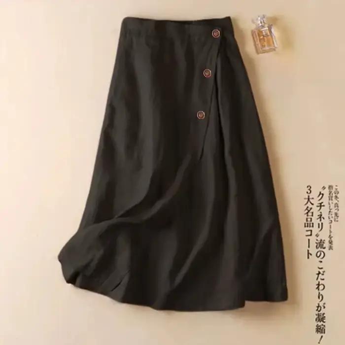 Jupe longue mi-mollet en lin pour femme, taille élastique, ligne A, monochromatique, boutonnage simp