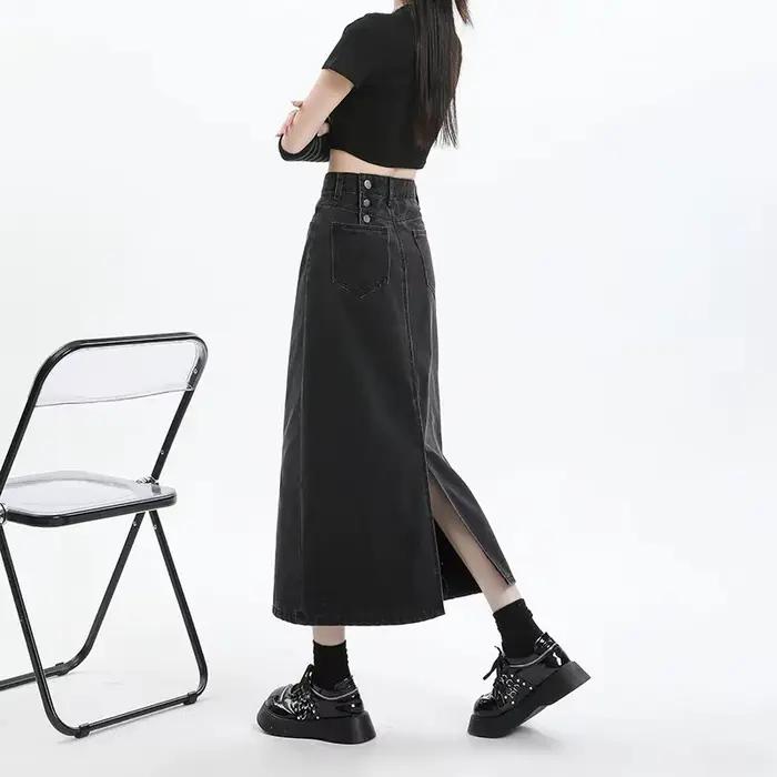 Jupe en jean mi-longue taille haute fendue amincissante pour femme, nouvelle collection printemps-ét