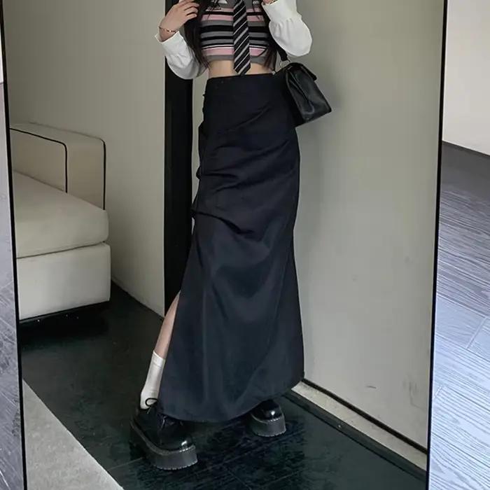 Streetwear fendu Cargo jupes longues femmes Vintage gothique taille haute jupe plissée femme 2025 ét