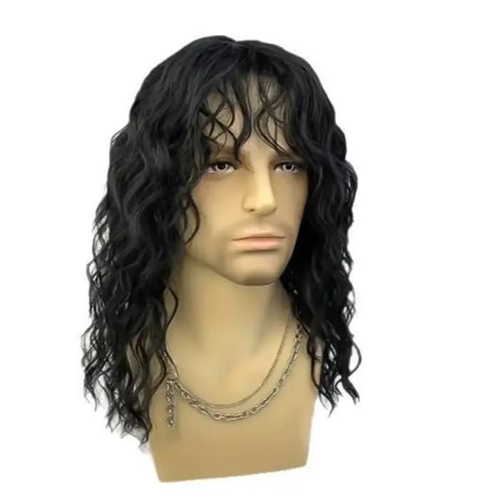 Perruque synthétique noire naturelle de 18 pouces, cheveux longs bouclés pour hommes, usage quotidie