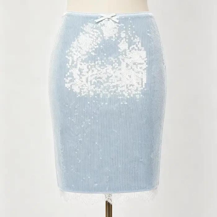 Jupe crayon taille haute LIMO pour femme, motif cœur, sequins, nœud décoratif, ourlet en dentelle, m