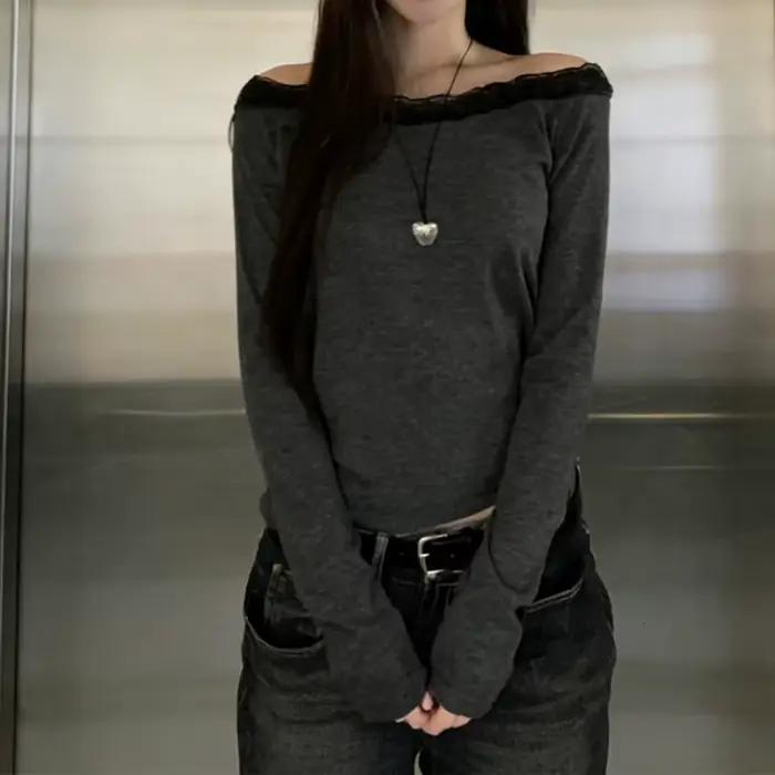 T-shirt à manches longues Y2K, haut court style Spicy Girls Hip Hop, esthétique dentelle, imprimé gr
