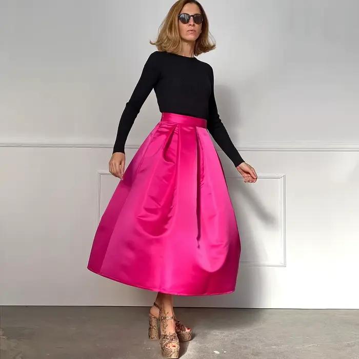 Jupe Midi Fuchsia sur mesure pour femmes, jupe de soirée plissée en Satin épais de haute qualité pou