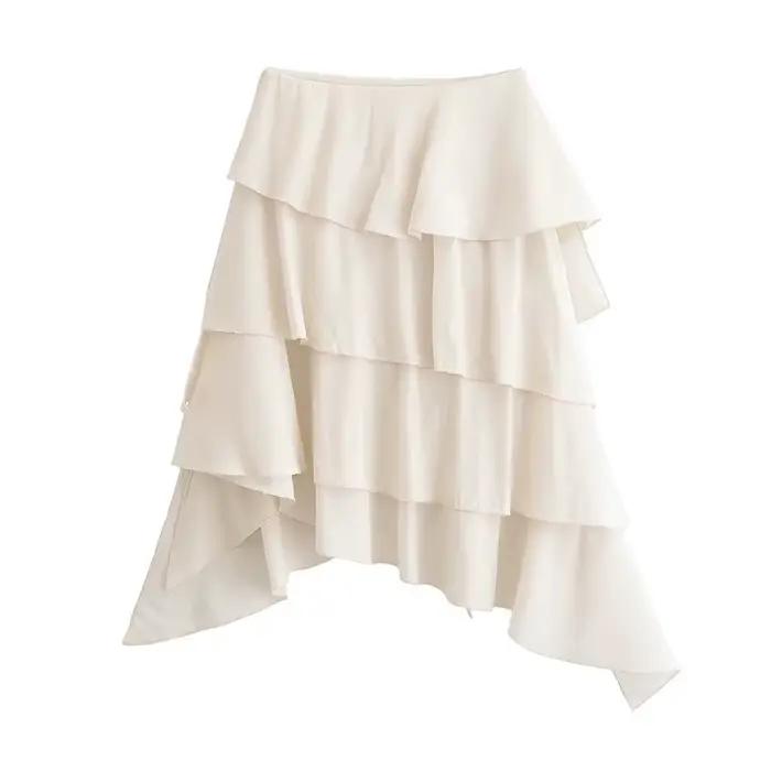 Jupe asymétrique décorative à superpositions, design élégant taille mi-haute, couleur unie, polyeste