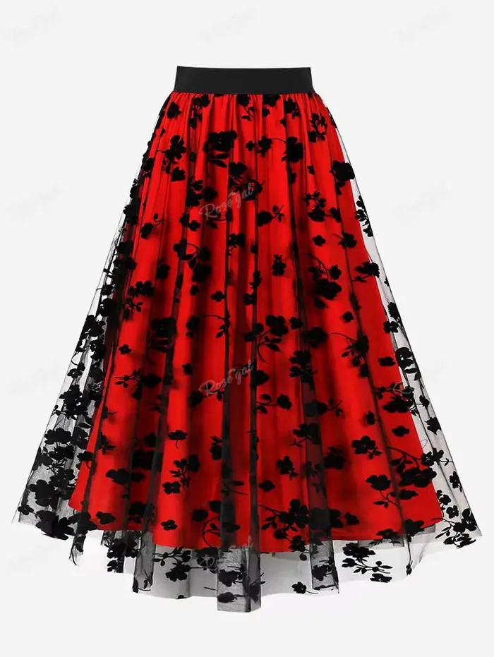Jupes en maille à motifs floraux pour femmes, taille élastique, 3 couleurs, grande taille, jupe midi
