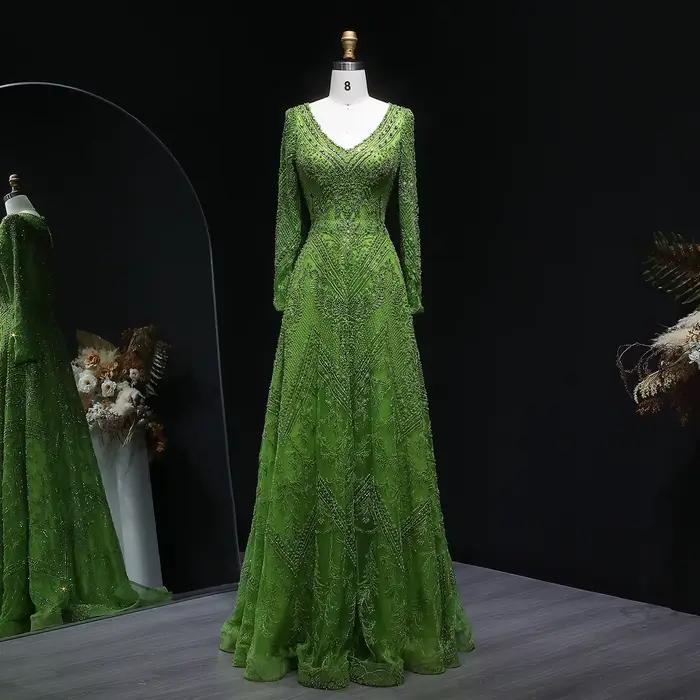 Sharon Said – robe de soirée vert citron, manches longues, col en V perlé, ligne A, robes de bal for
