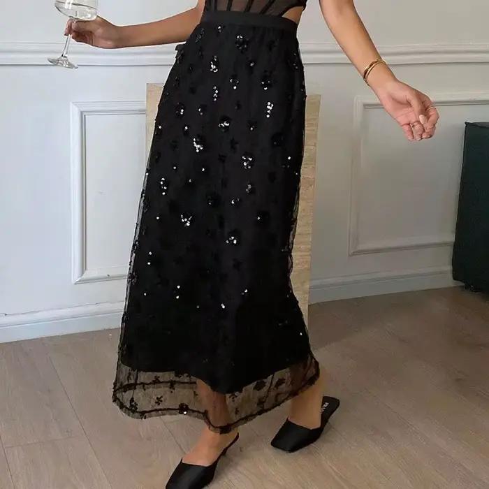 Jupe longue élégante noire pour femme, taille haute, coupe droite, double couche en maille à sequins