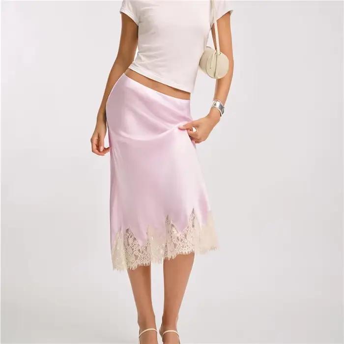 Hirigin femmes soie Satin demi Slip jupes longues dentelle Patchwork taille élastique jupe longue él