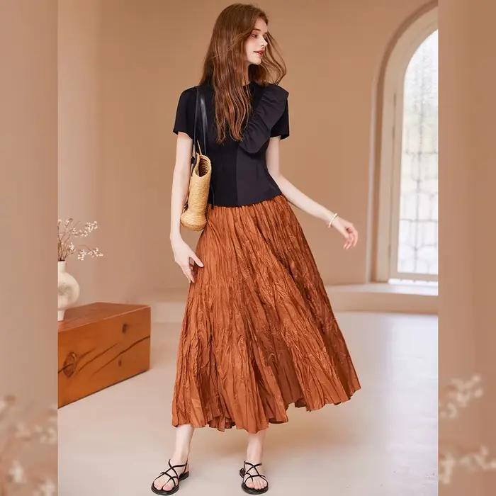 LOUIS YAO une ligne jupe 2025 à la mode tissu froissé demi-coupe jupe été taille élastique ample lon
