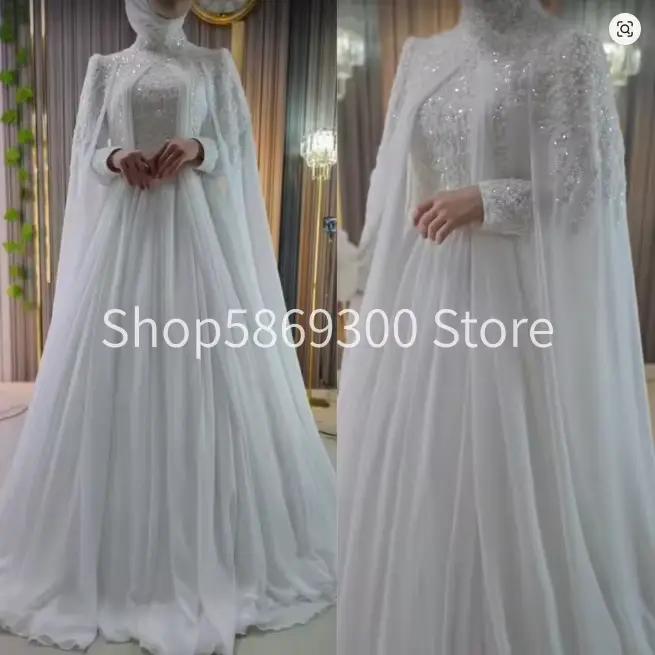 Robe de mariée musulmane à manches longues, élégante, col haut, en mousseline de soie perlée, coupe 