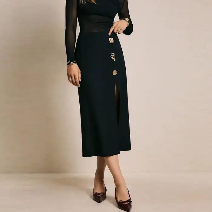 Nouvelle jupe noire tendance pour femmes, printemps automne, design boutonné, taille haute, jupe fen