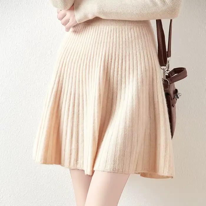 Jupe plissée en cachemire pour femme, style preppy, 100% laine mérinos, tricots, ligne A courte, au-