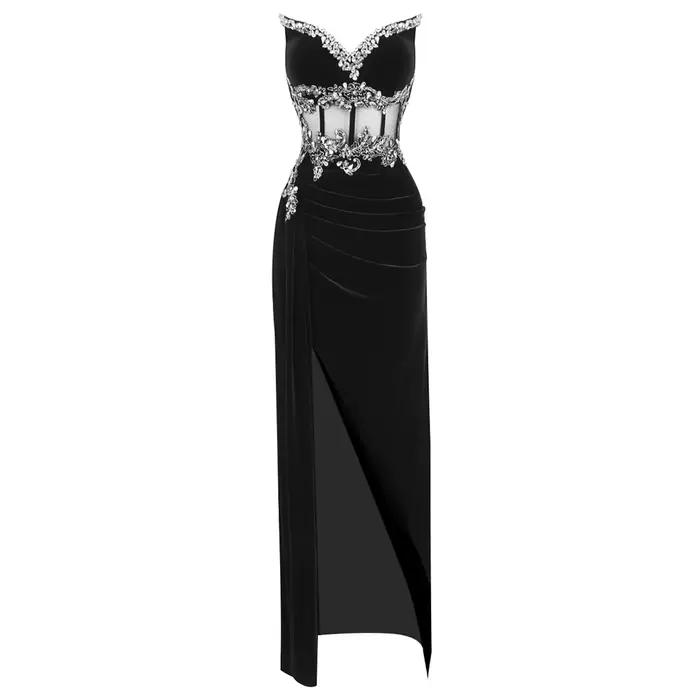 Robe de soirée noire élégante avec corsage orné de et fente haute sur les cuisses – Robe longue de s
