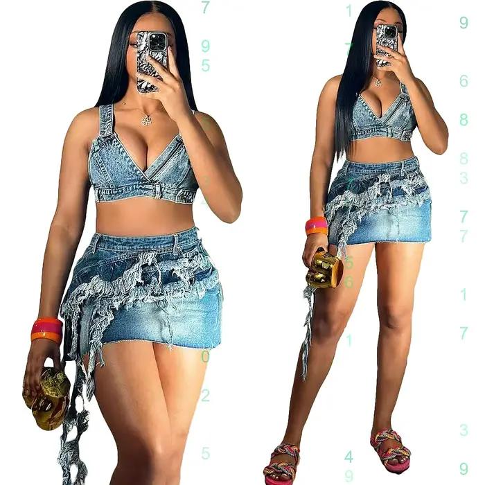 Ensembles de jupes en jean extensibles à franges pour femmes, tenues d'été assorties, jupes en jean,