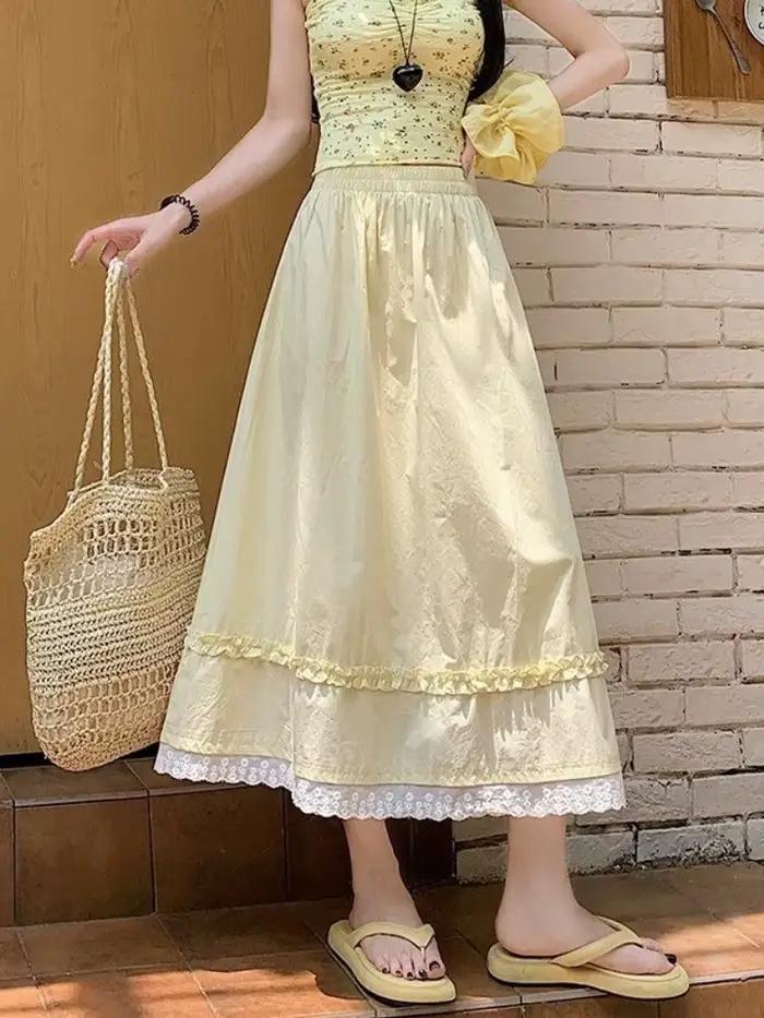 Jupe longue taille haute style coréen pour femme, été 2026, jaune, avec dentelle douce, coupe parapl