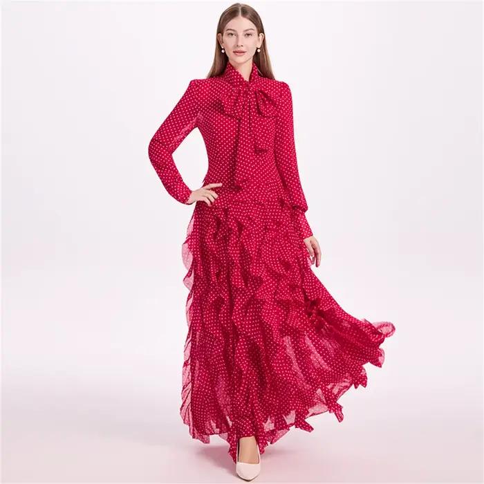 Robe Maxi en mousseline de soie pour femmes, manches longues, avec nœud à lacets, grand bas, robes d