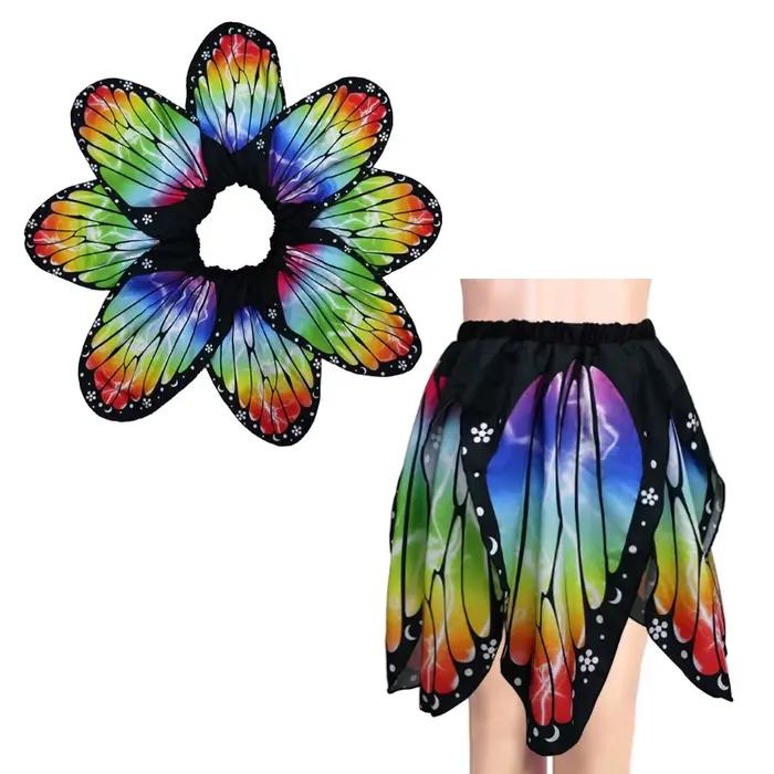 Jupe plissée irrégulière taille haute fantaisie à imprimé papillon et pétales pour femme, style cape