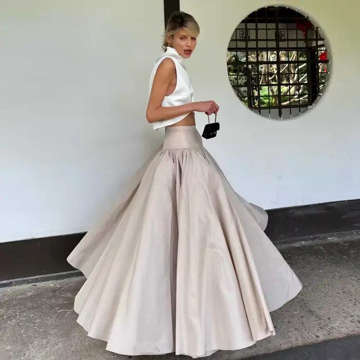 Jupe longue de soirée en taffetas kaki, taille haute, avec doublure en Tulle, volants, longueur au s