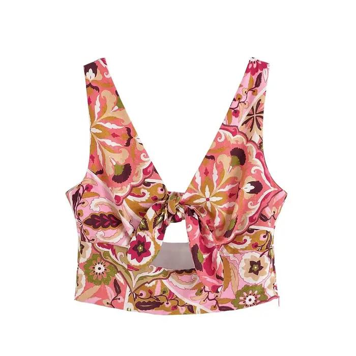 HH – ensemble jupe Chic pour femmes, col en v, sans manches, imprimé avec nœud décoratif, haut court