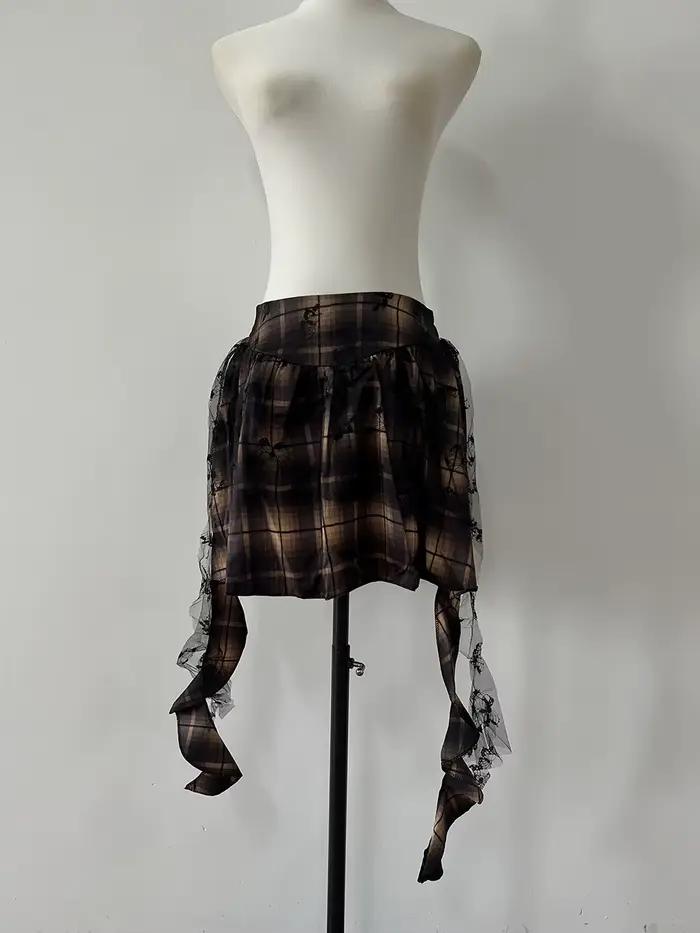 Jupe à carreaux brodée papillon pour femme, jupe courte plissée amincissante, ruban décoré, fille ép