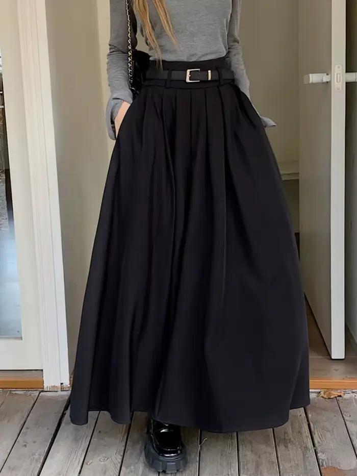 Qiukichonson gris Midi jupes longues femmes Maxi jupe 2023 automne hiver costume jupe Goth Lolita ta