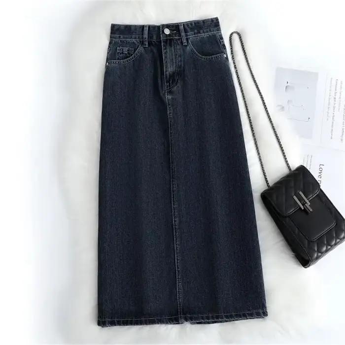 Femmes Denim jupe printemps une ligne été taille haute ample ourlet fendu bleu foncé Chic décontract