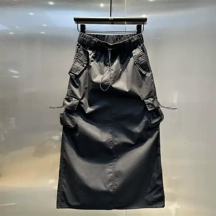 Jupe longue Cargo Y2k pour femmes, taille haute, cordon de serrage, Maxi, froncée, Vintage, fendue, 