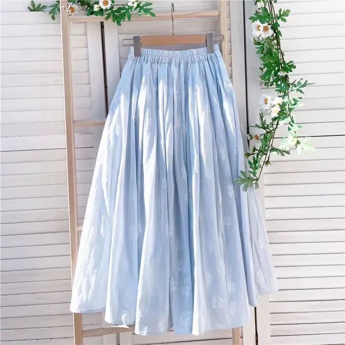 Jupe plissée mi-longue bleue en coton et lin, jupes imprimées à la mode pour femme, été 2025