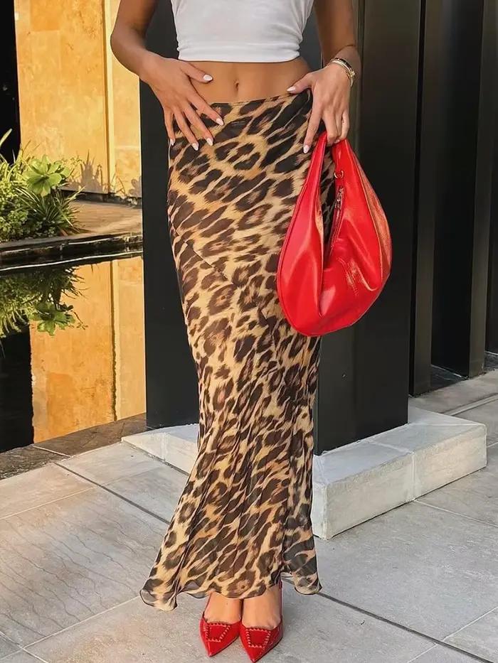 Jcorde ISSA MO-Jupe longue en mousseline de soie, imprimé léopard, transparente, taille haute, slim,