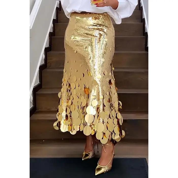 Jupes de soirée élégantes pour femmes, grande taille, paillettes rondes dorées, amples, formelles, t