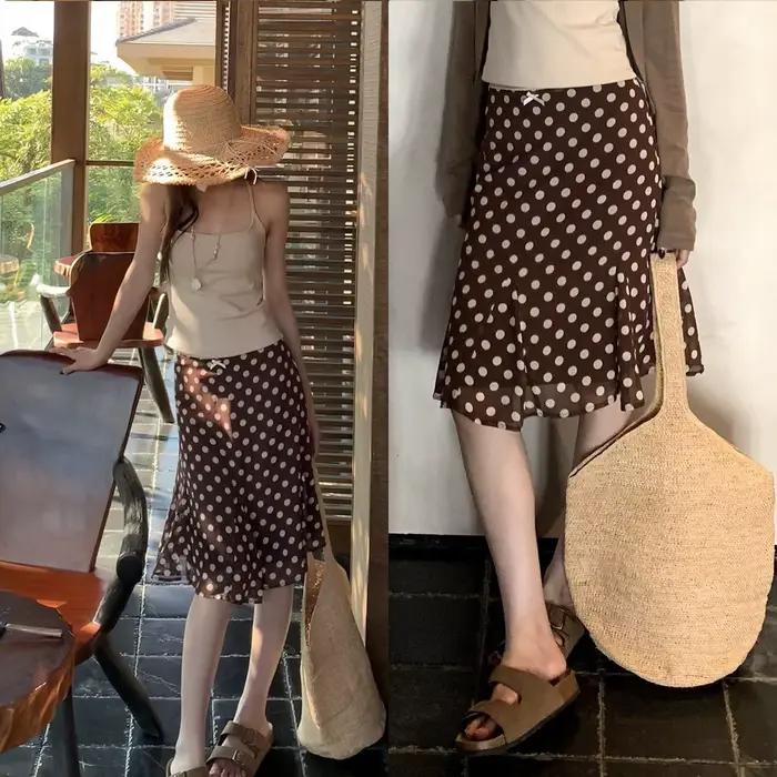 Jupe midi marron à pois à volants pour femme, taille haute, en mousseline évasée, tenue décontractée
