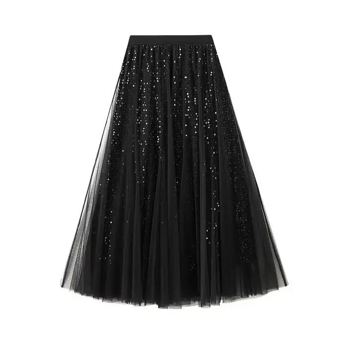 Jupe longue élégante en maille à paillettes pour femmes, mode printemps-automne, taille haute, douce